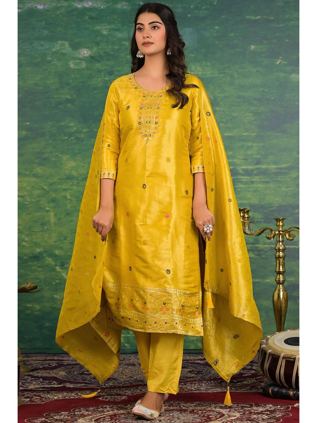 Mustard Floral Woven Dola Silk Salwar Suit - Image 1