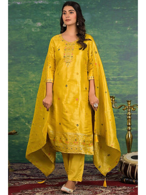 Mustard Floral Woven Dola Silk Salwar Suit - Image 1