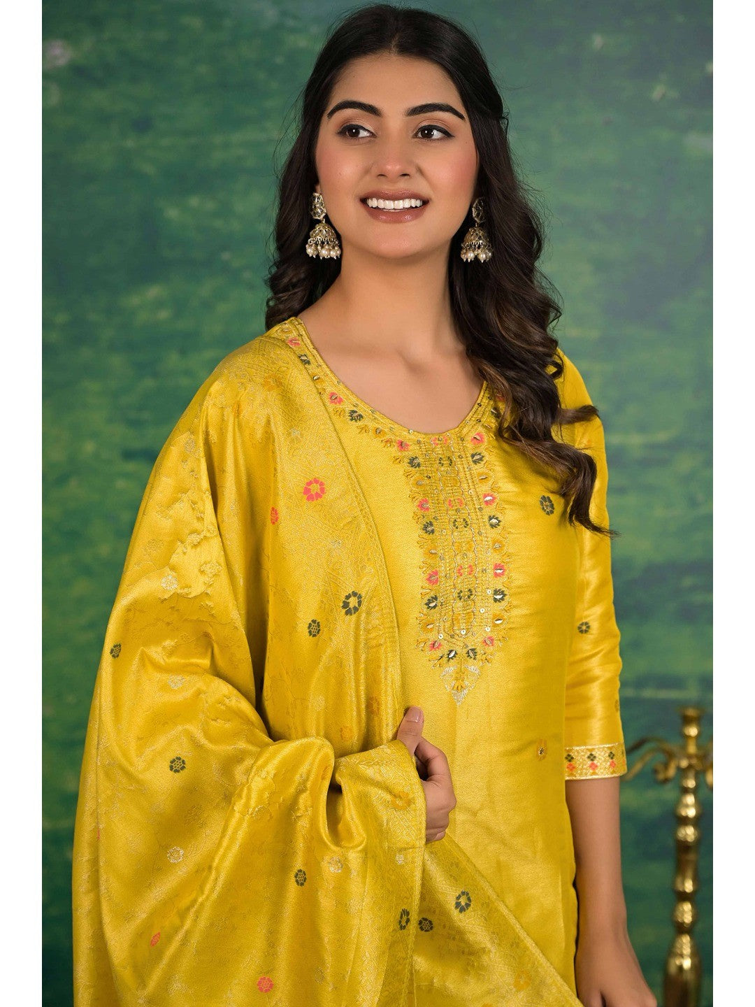 Mustard Floral Woven Dola Silk Salwar Suit - Image 5