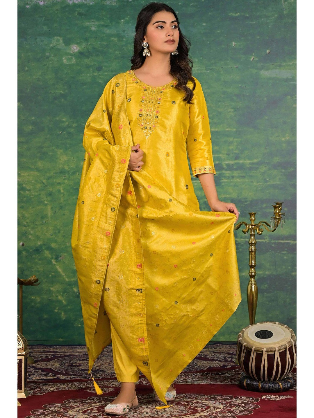 Mustard Floral Woven Dola Silk Salwar Suit - Image 7