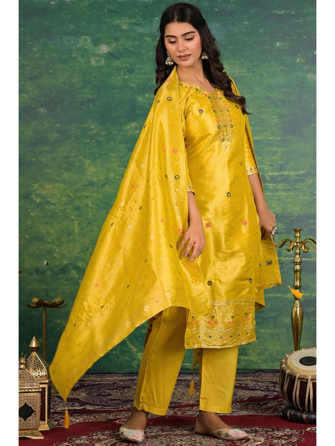 Mustard Floral Woven Dola Silk Salwar Suit - Image 8