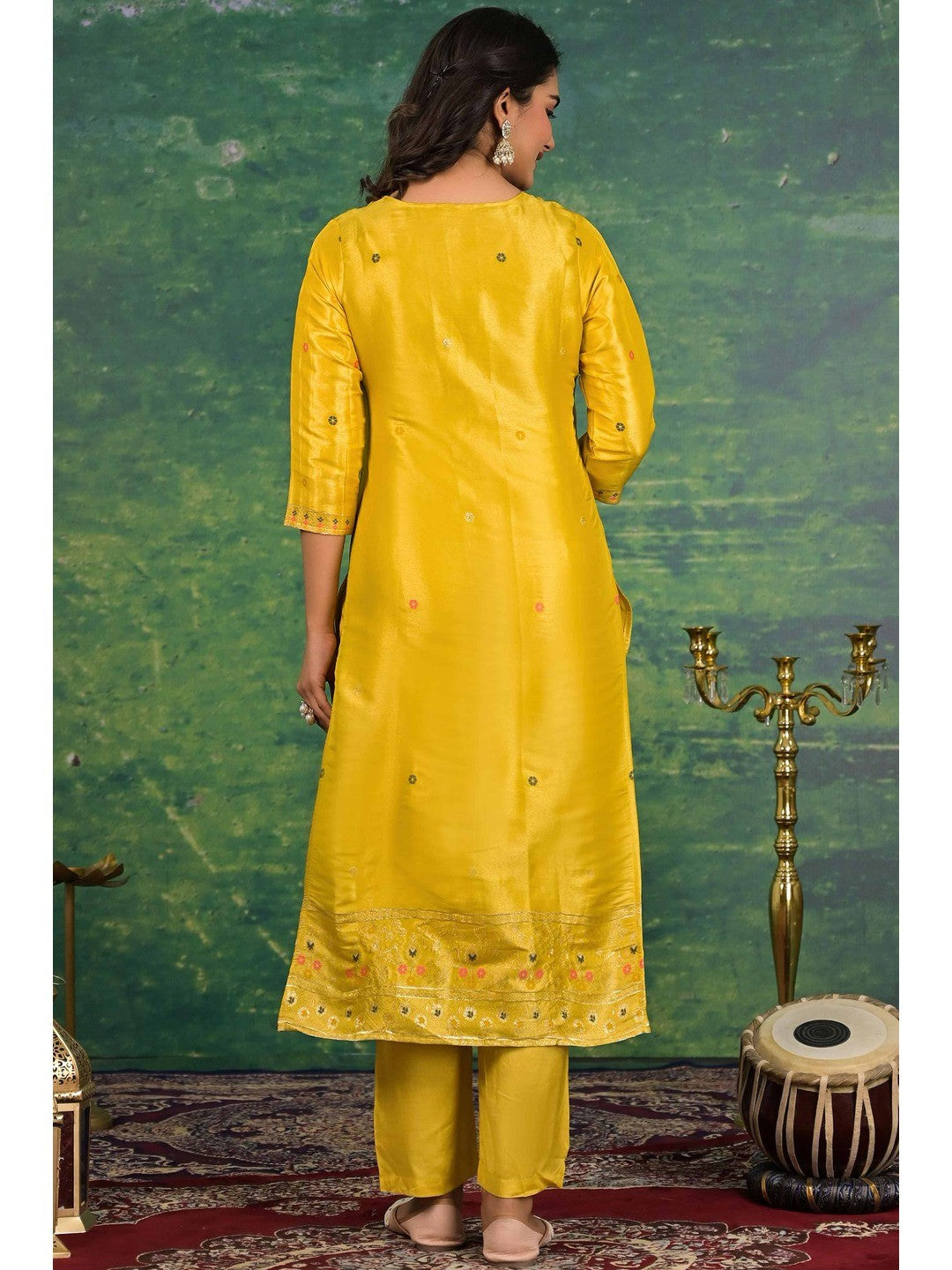 Mustard Floral Woven Dola Silk Salwar Suit - Image 3