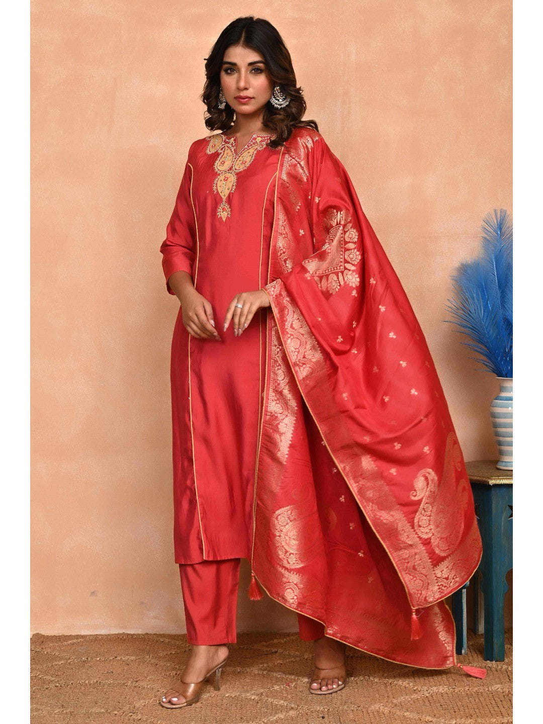 Rusty Red Embroidered A-Line Chanderi Silk Salwar Suit with Delicate Patchwork Detailing - Image 1