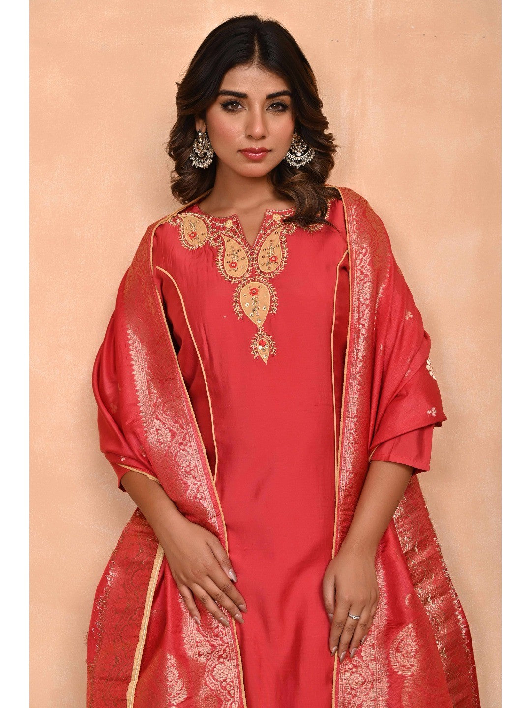 Rusty Red Embroidered A-Line Chanderi Silk Salwar Suit with Delicate Patchwork Detailing - Image 9