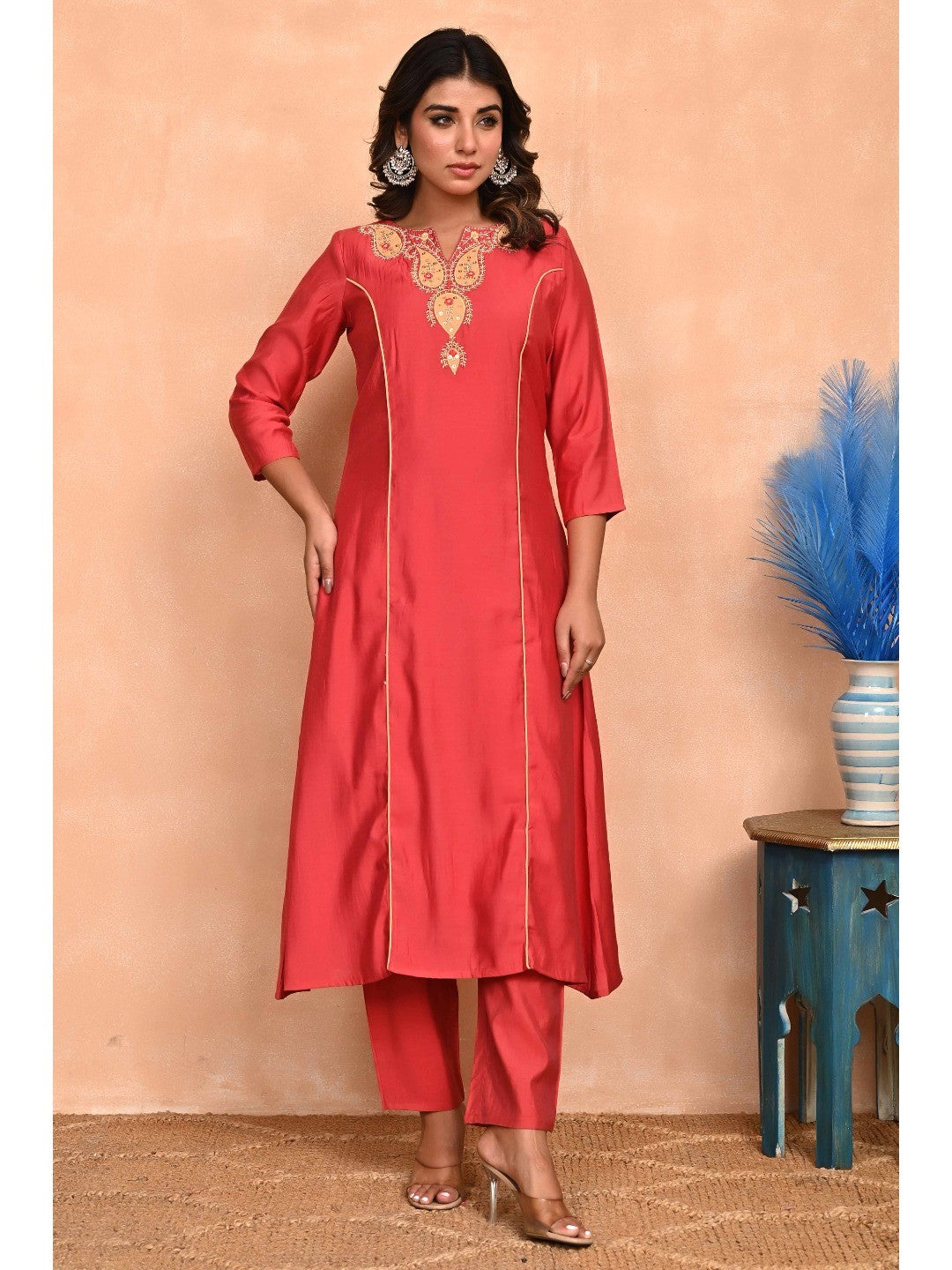 Rusty Red Embroidered A-Line Chanderi Silk Salwar Suit with Delicate Patchwork Detailing - Image 4
