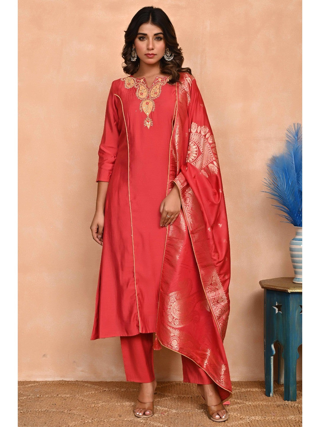 Rusty Red Embroidered A-Line Chanderi Silk Salwar Suit with Delicate Patchwork Detailing - Image 6