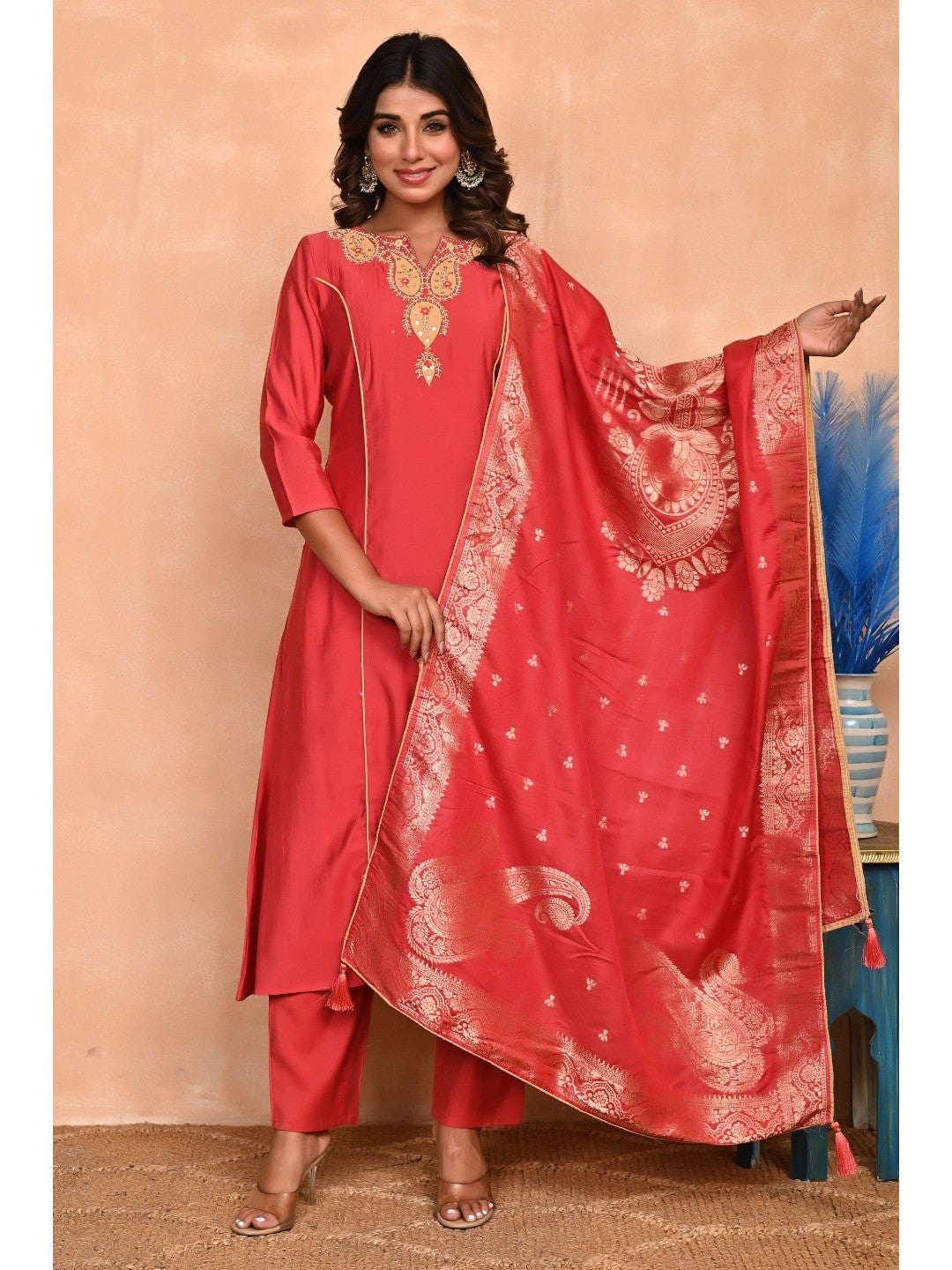 Rusty Red Embroidered A-Line Chanderi Silk Salwar Suit with Delicate Patchwork Detailing - Image 5