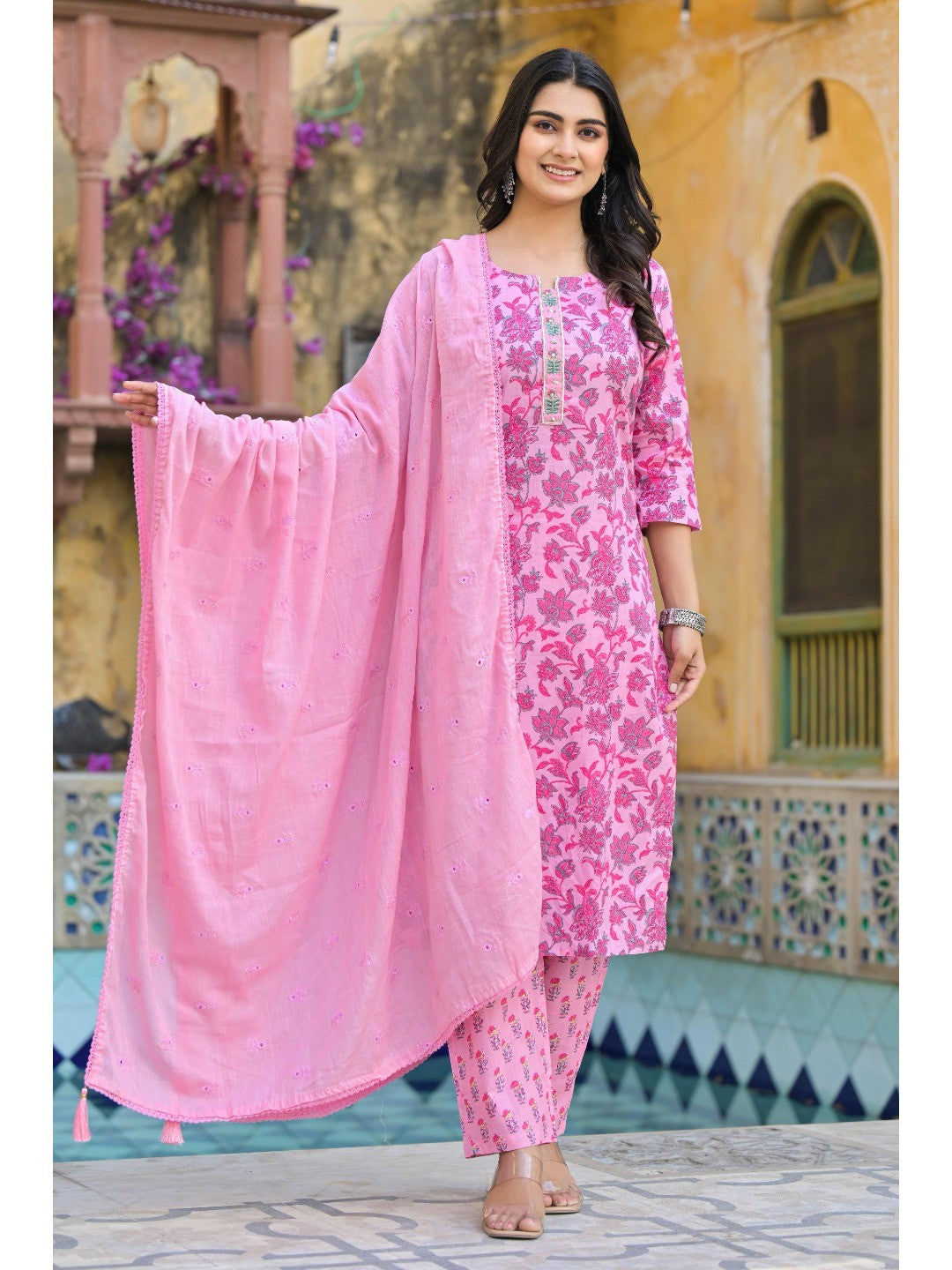 Blush Pink Floral Printed Pure Cotton Straight Salwar Suit - Image 3