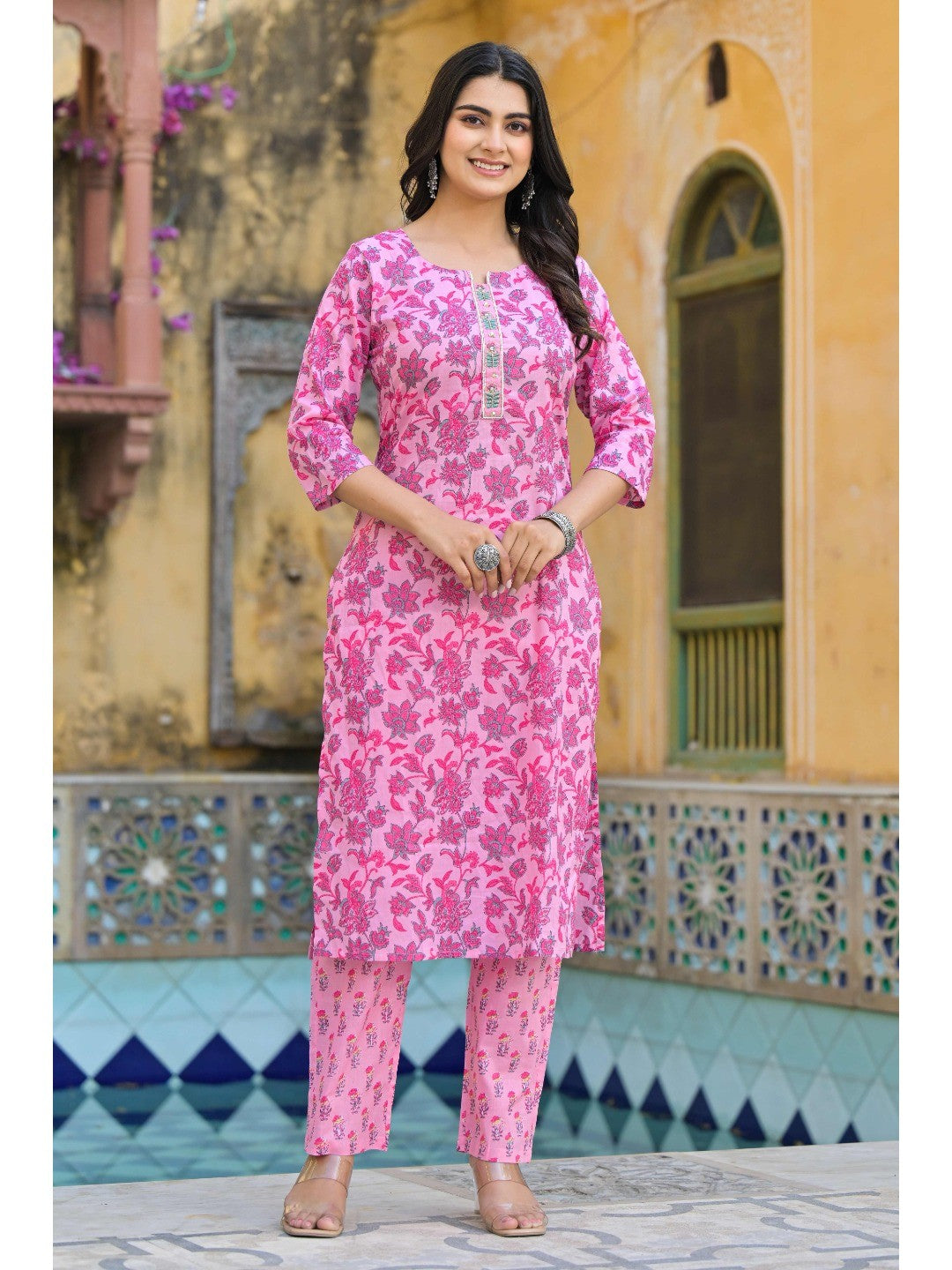 Blush Pink Floral Printed Pure Cotton Straight Salwar Suit - Image 5