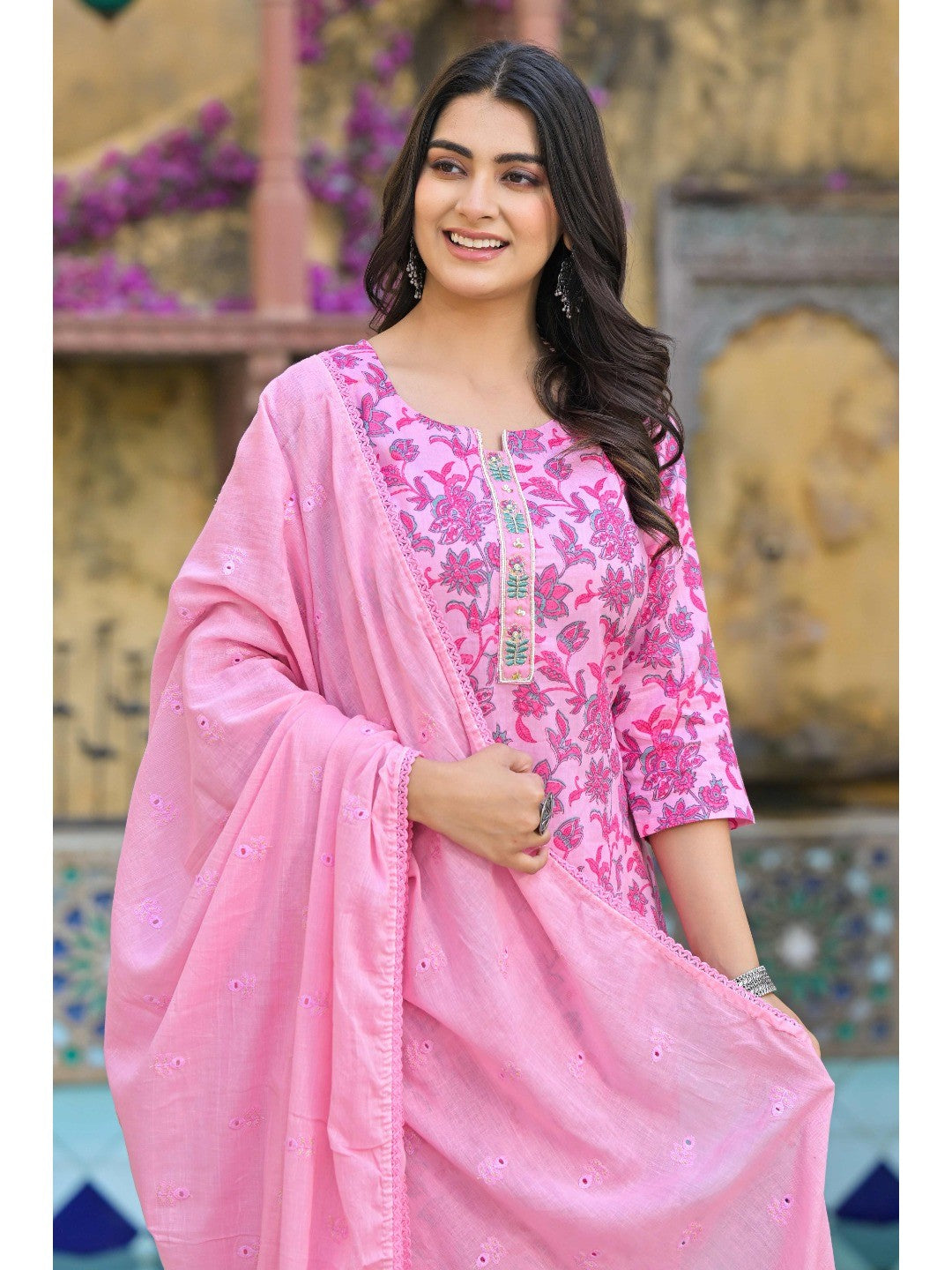 Blush Pink Floral Printed Pure Cotton Straight Salwar Suit - Image 7