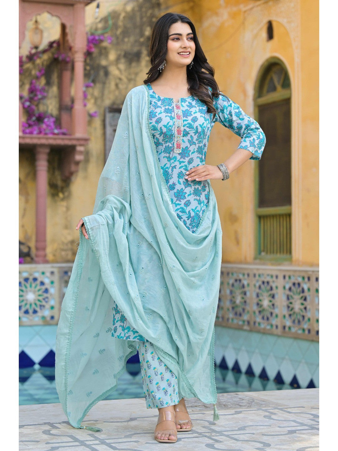Turquoise Floral Printed Pure Cotton Straight Salwar Suit - Image 1