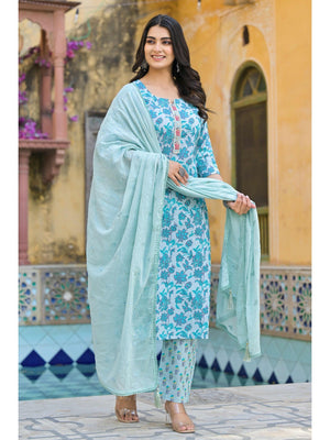 Turquoise Floral Printed Pure Cotton Straight Salwar Suit - Image 2