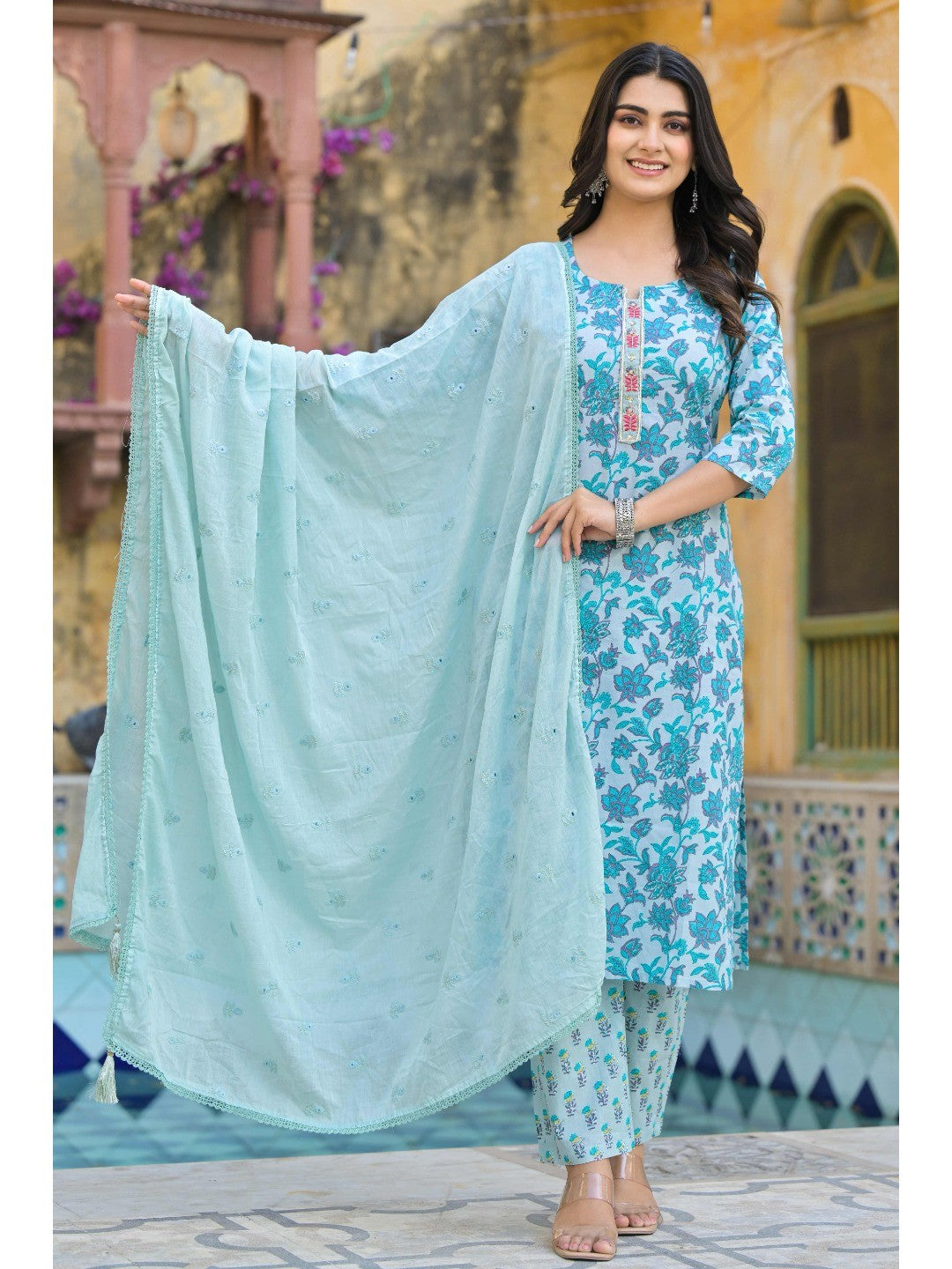 Turquoise Floral Printed Pure Cotton Straight Salwar Suit - Image 5