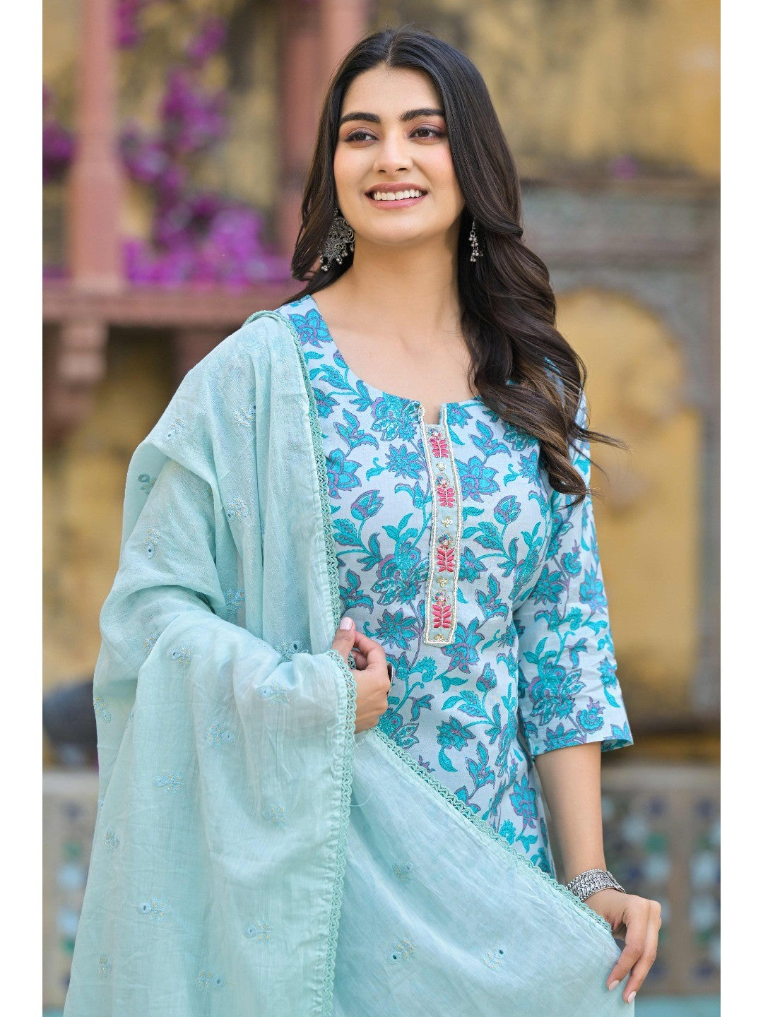 Turquoise Floral Printed Pure Cotton Straight Salwar Suit - Image 6