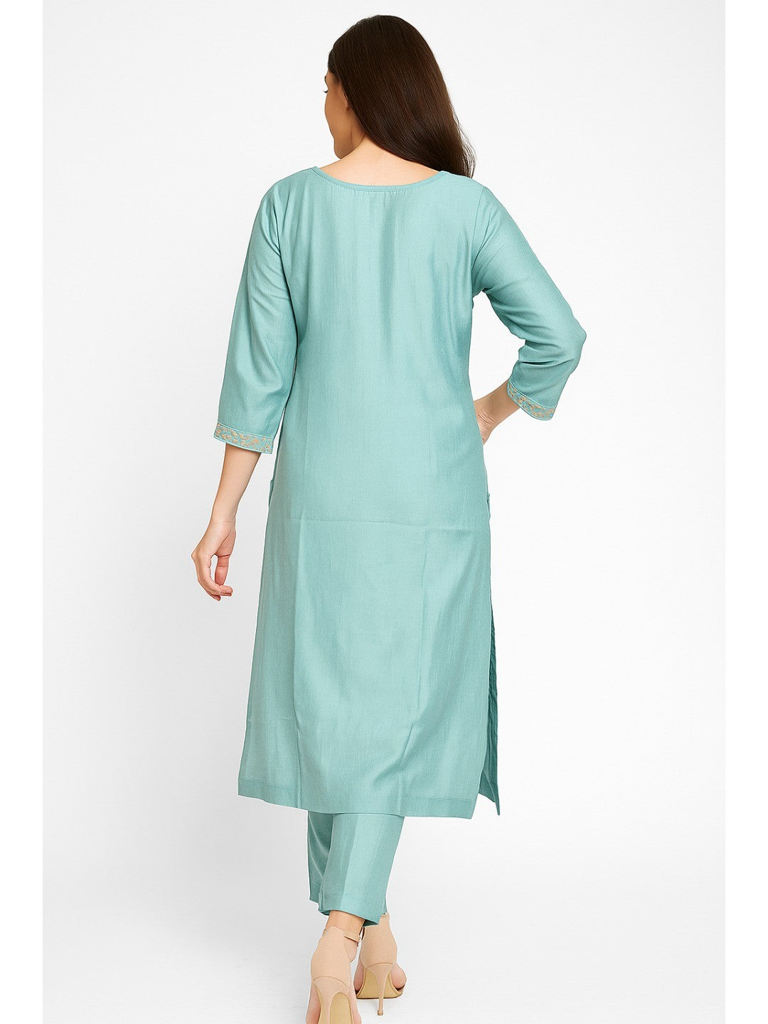 Blue Floral Sequins Embroidery With Handwork Viscose Straight Salwar Suit - Image 4