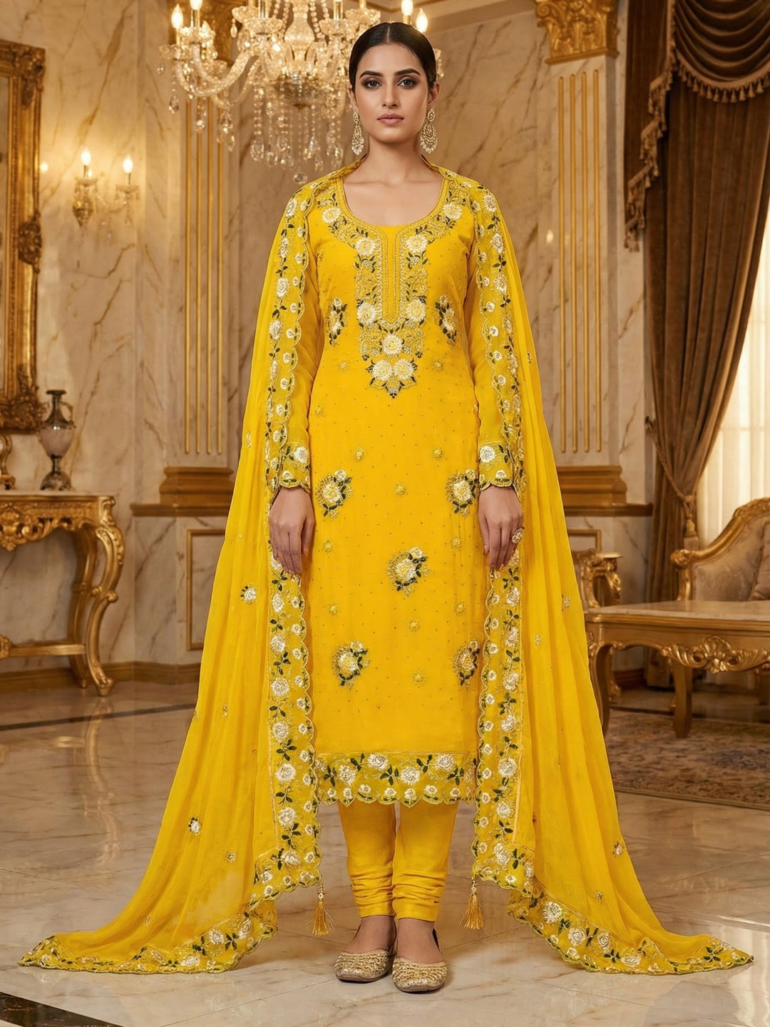 Yellow Georgette Floral Embroidered Dress Material with Dupatta and Ti