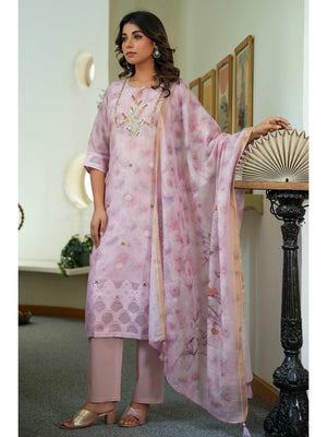 Sophisticated Onion Pink Linen Jacquard Suit Adorned with Floral Embroidered Patterns - Image 1