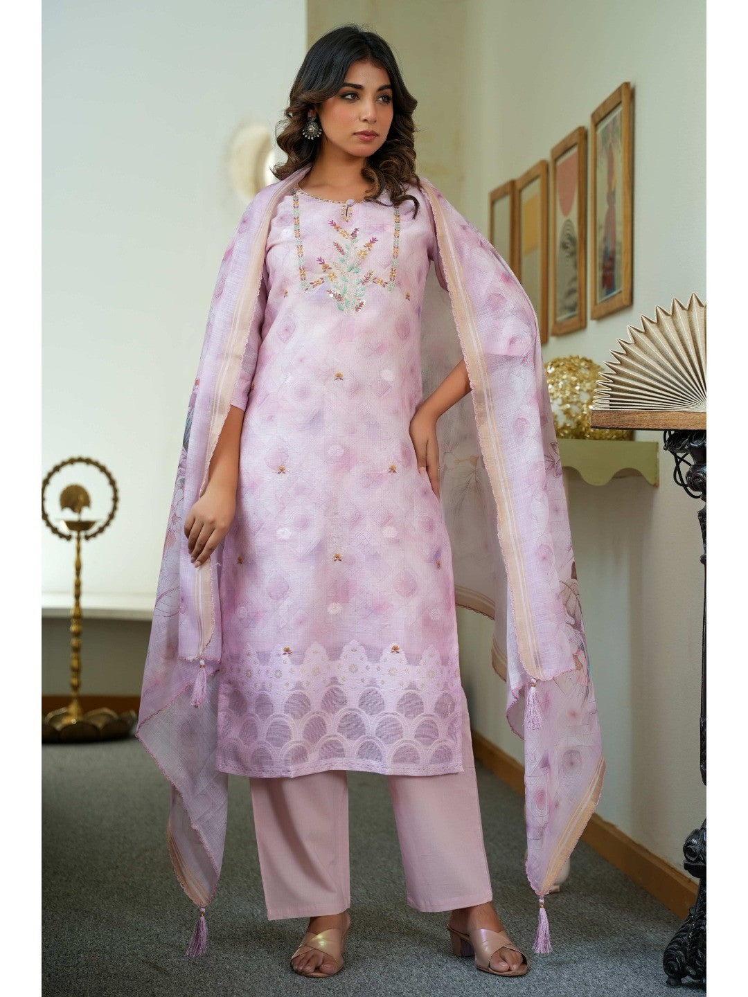 Sophisticated Onion Pink Linen Jacquard Suit Adorned with Floral Embroidered Patterns - Image 5
