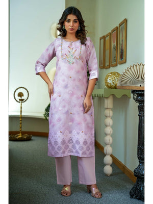 Sophisticated Onion Pink Linen Jacquard Suit Adorned with Floral Embroidered Patterns - Image 2