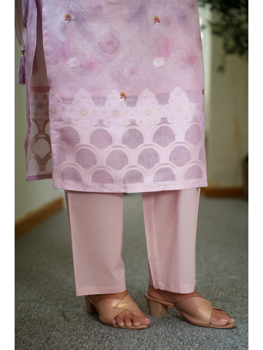 Sophisticated Onion Pink Linen Jacquard Suit Adorned with Floral Embroidered Patterns - Image 3