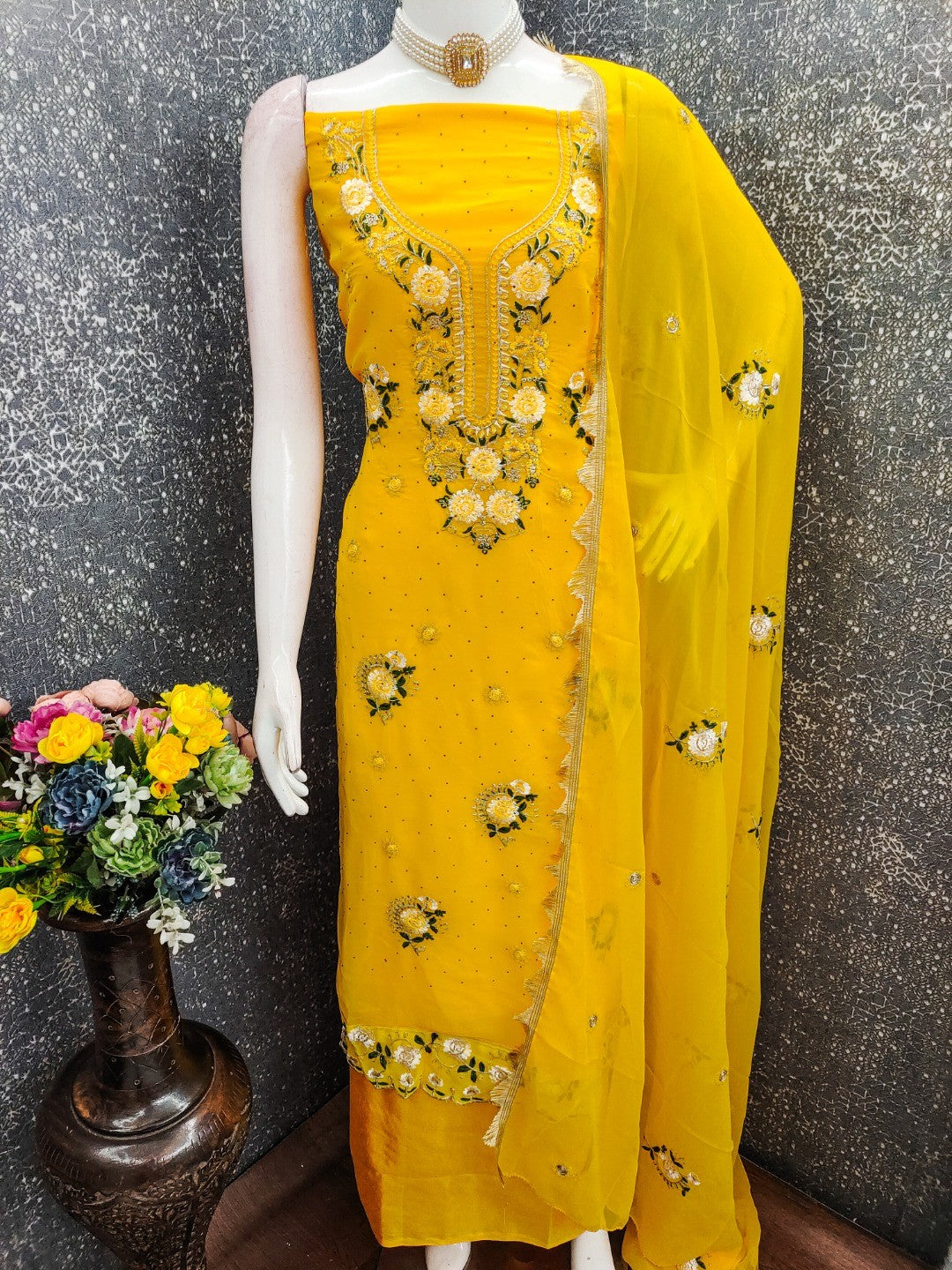 Yellow Georgette Floral Embroidered Dress Material with Dupatta and Timeless Embroidery Pattern - Image 3