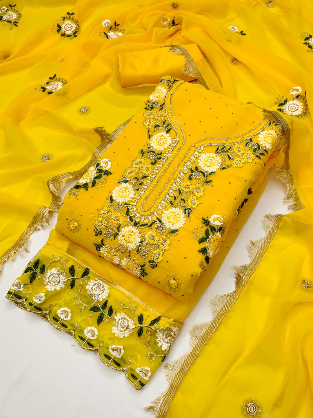 Yellow Georgette Floral Embroidered Dress Material with Dupatta and Timeless Embroidery Pattern - Image 1