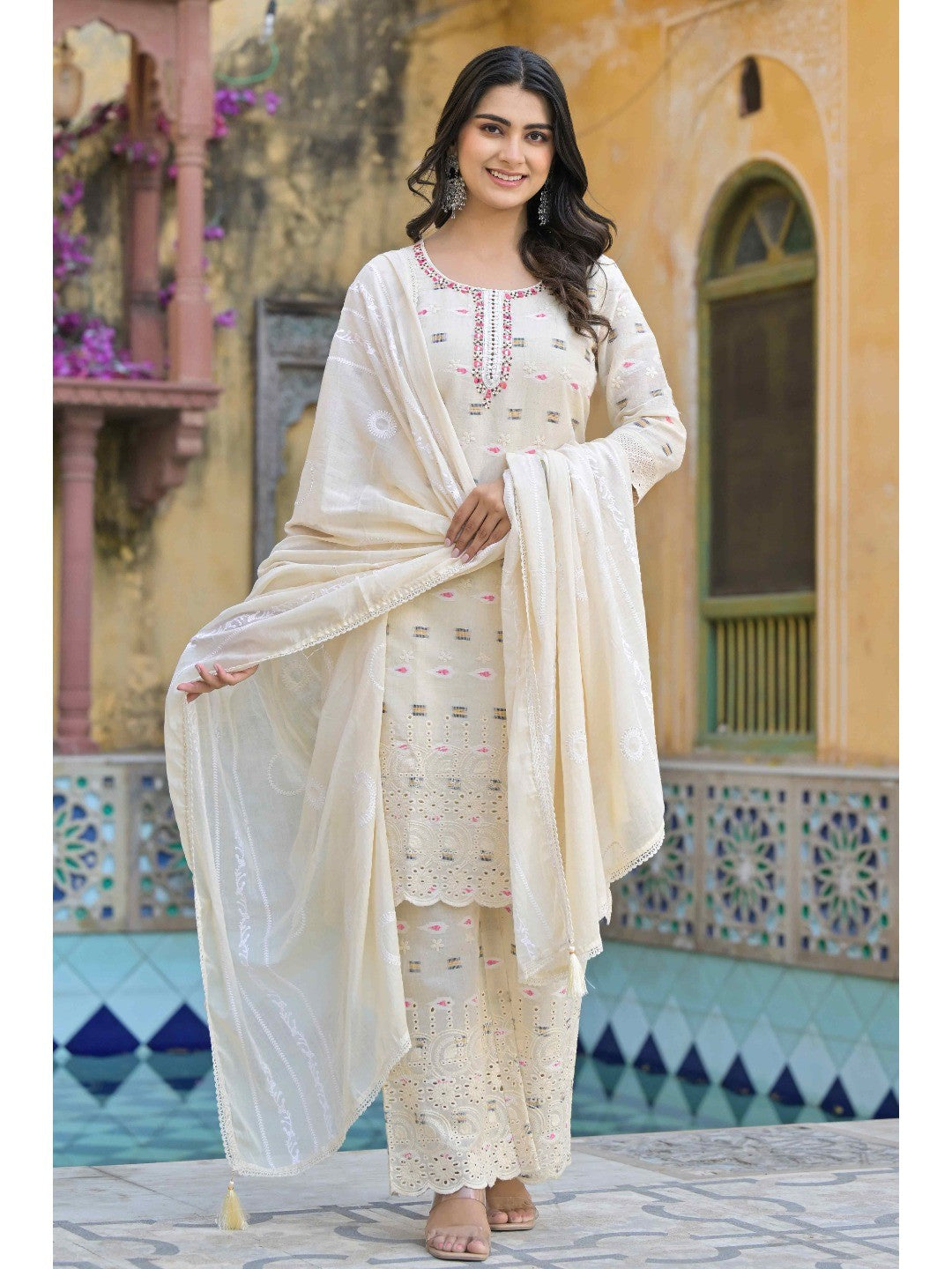 Off White Schiffli Work Embroidered Pure Cotton Salwar Suit - Image 1