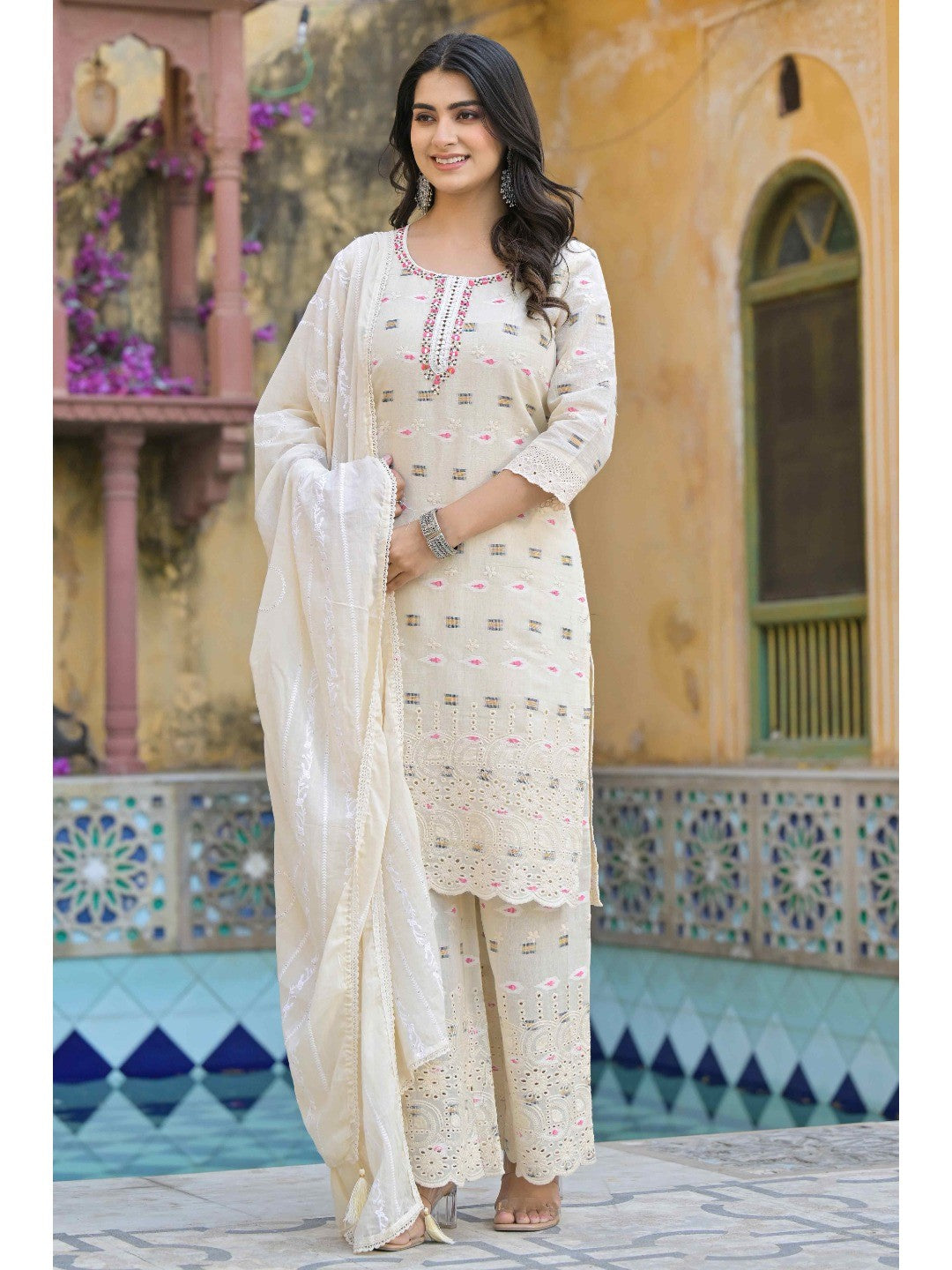 Off White Schiffli Work Embroidered Pure Cotton Salwar Suit - Image 3