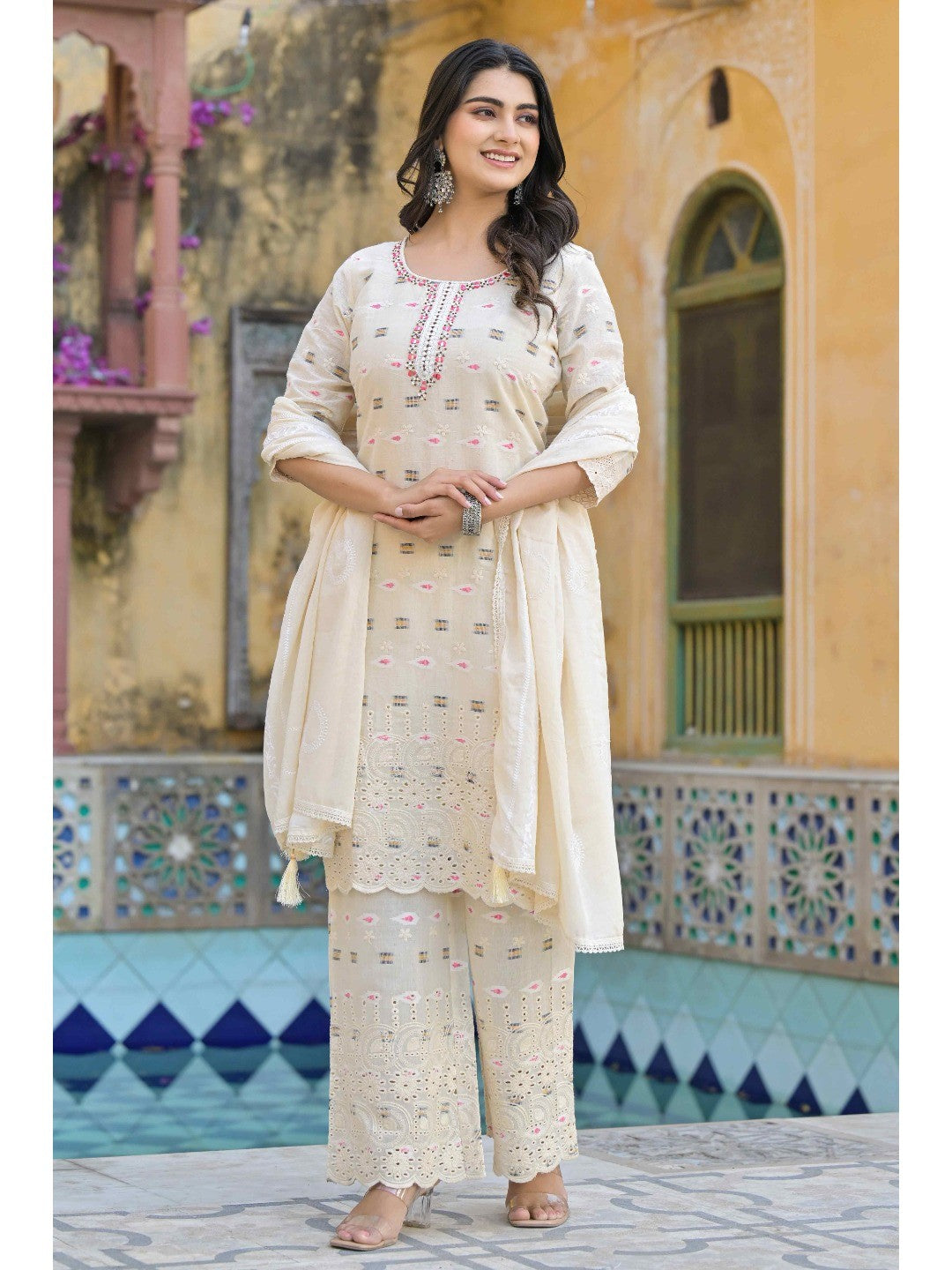 Off White Schiffli Work Embroidered Pure Cotton Salwar Suit - Image 5