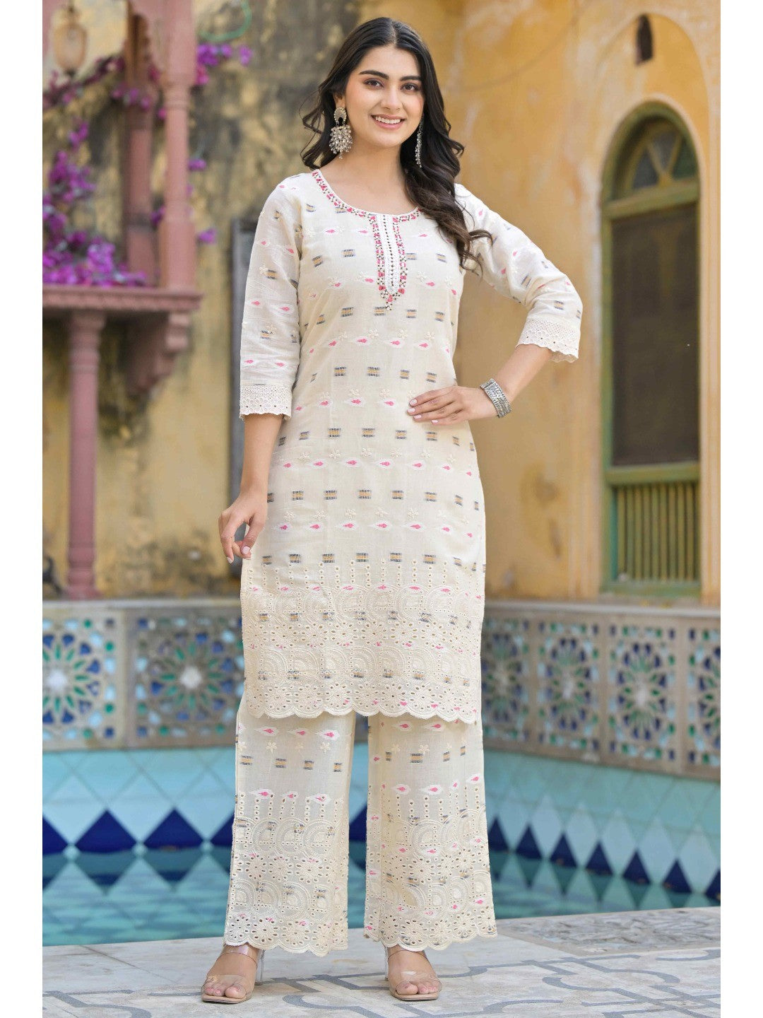 Off White Schiffli Work Embroidered Pure Cotton Salwar Suit - Image 2