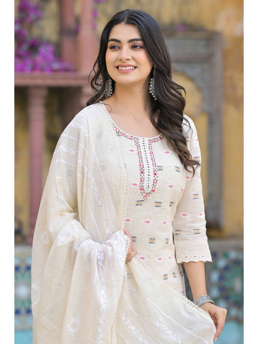 Off White Schiffli Work Embroidered Pure Cotton Salwar Suit - Image 4