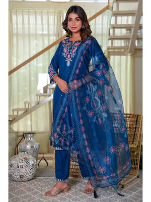 Navy Blue Heavy Viscose Rayon Straight Suit with Delicate Floral Embroidery for Graceful Style - Image 1