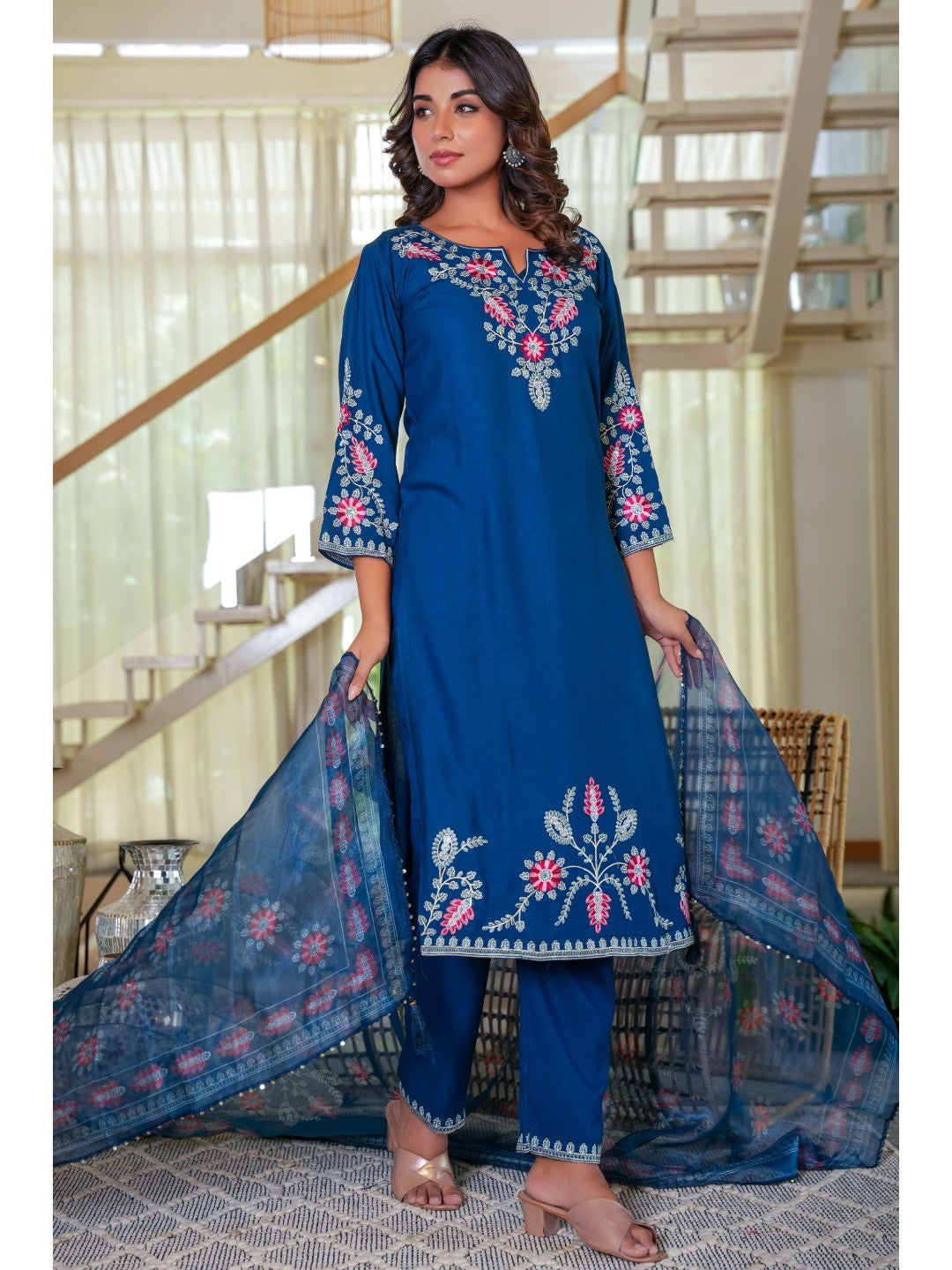 Navy Blue Heavy Viscose Rayon Straight Suit with Delicate Floral Embroidery for Graceful Style - Image 3
