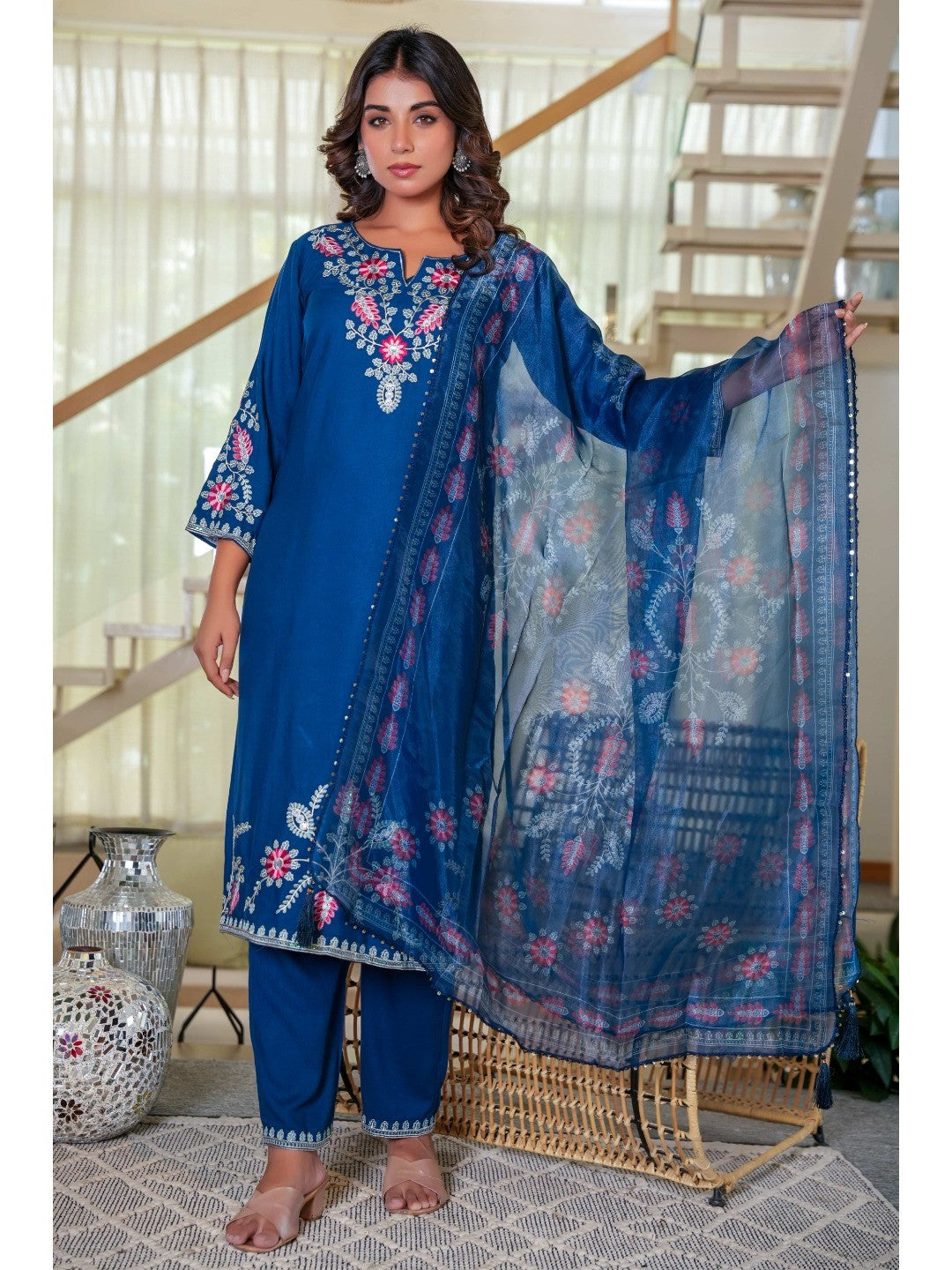 Navy Blue Heavy Viscose Rayon Straight Suit with Delicate Floral Embroidery for Graceful Style - Image 4