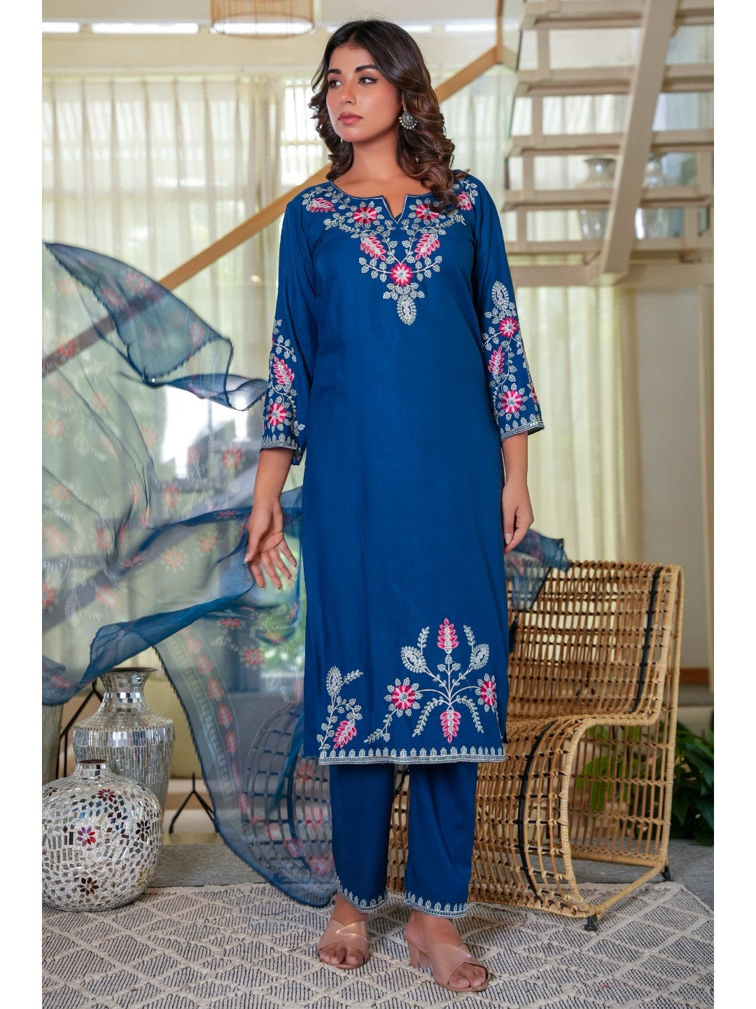 Navy Blue Heavy Viscose Rayon Straight Suit with Delicate Floral Embroidery for Graceful Style - Image 10