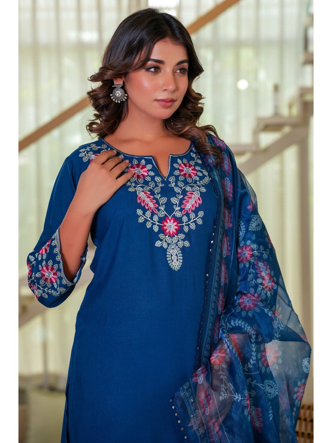 Navy Blue Heavy Viscose Rayon Straight Suit with Delicate Floral Embroidery for Graceful Style - Image 7