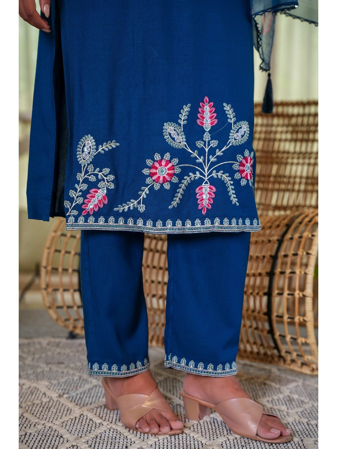 Navy Blue Heavy Viscose Rayon Straight Suit with Delicate Floral Embroidery for Graceful Style - Image 5