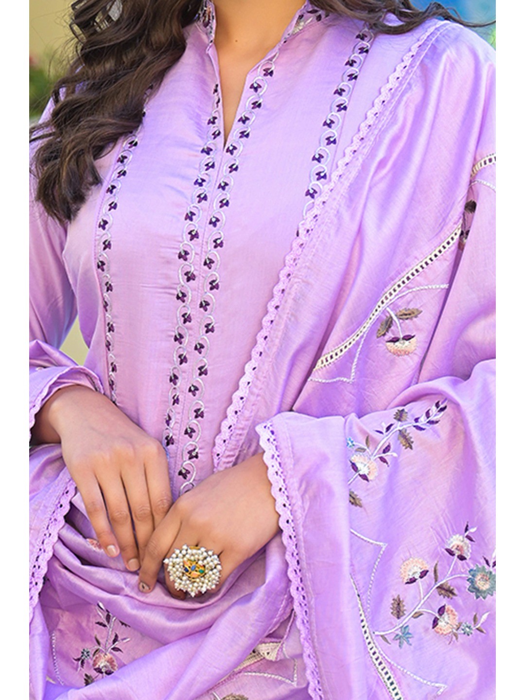 Light Purple Floral Embroidered Chanderi A-Line Salwar Suit - Image 7