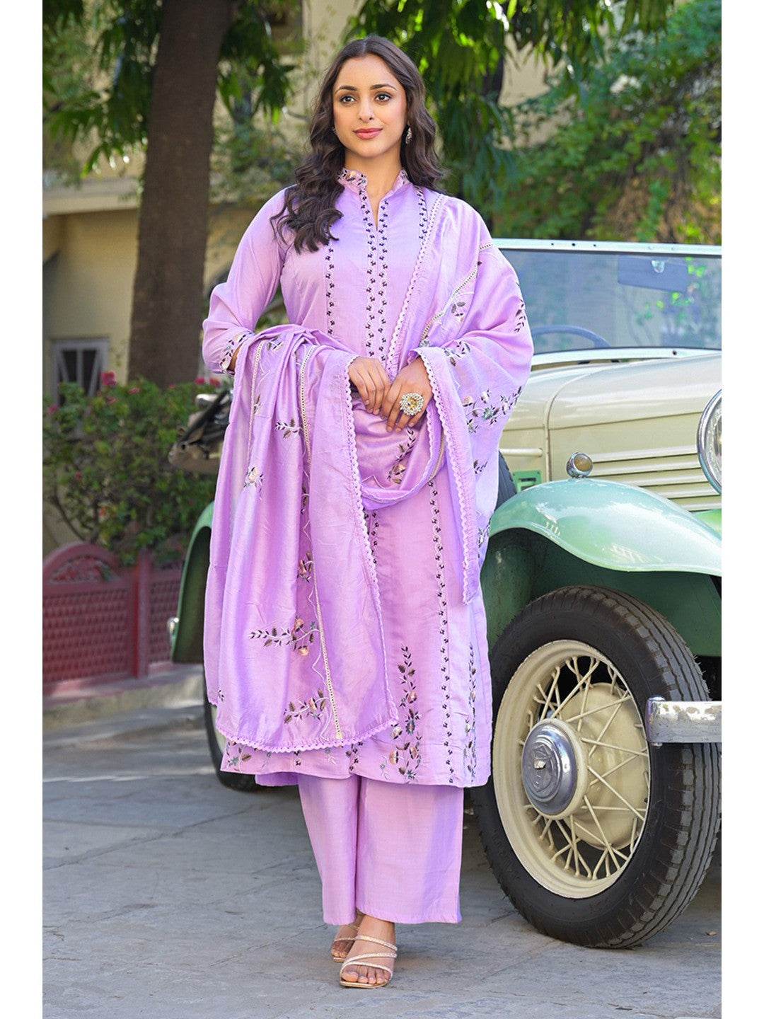 Light Purple Floral Embroidered Chanderi A-Line Salwar Suit - Image 2