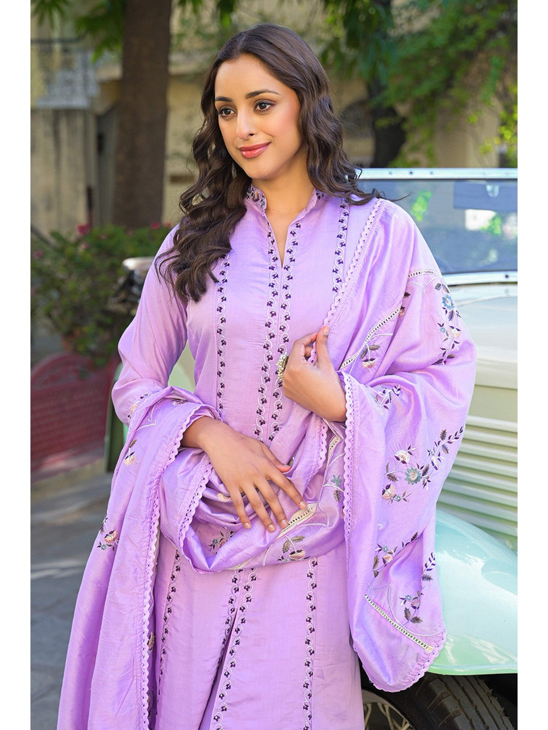 Light Purple Floral Embroidered Chanderi A-Line Salwar Suit - Image 3