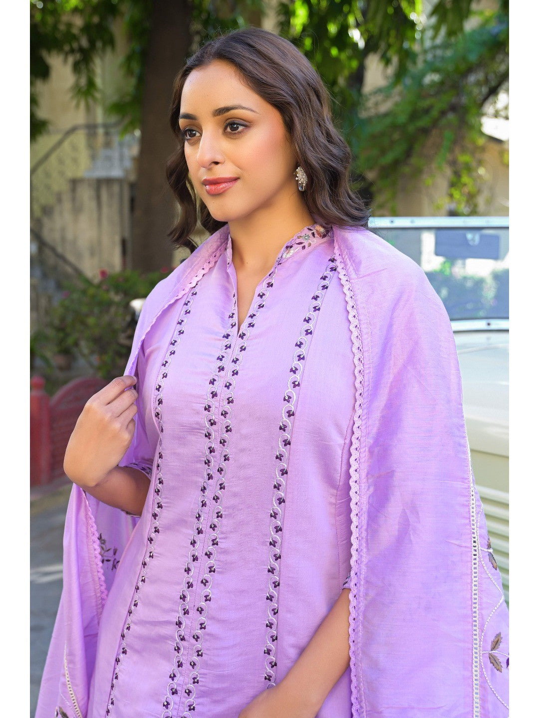 Light Purple Floral Embroidered Chanderi A-Line Salwar Suit - Image 6