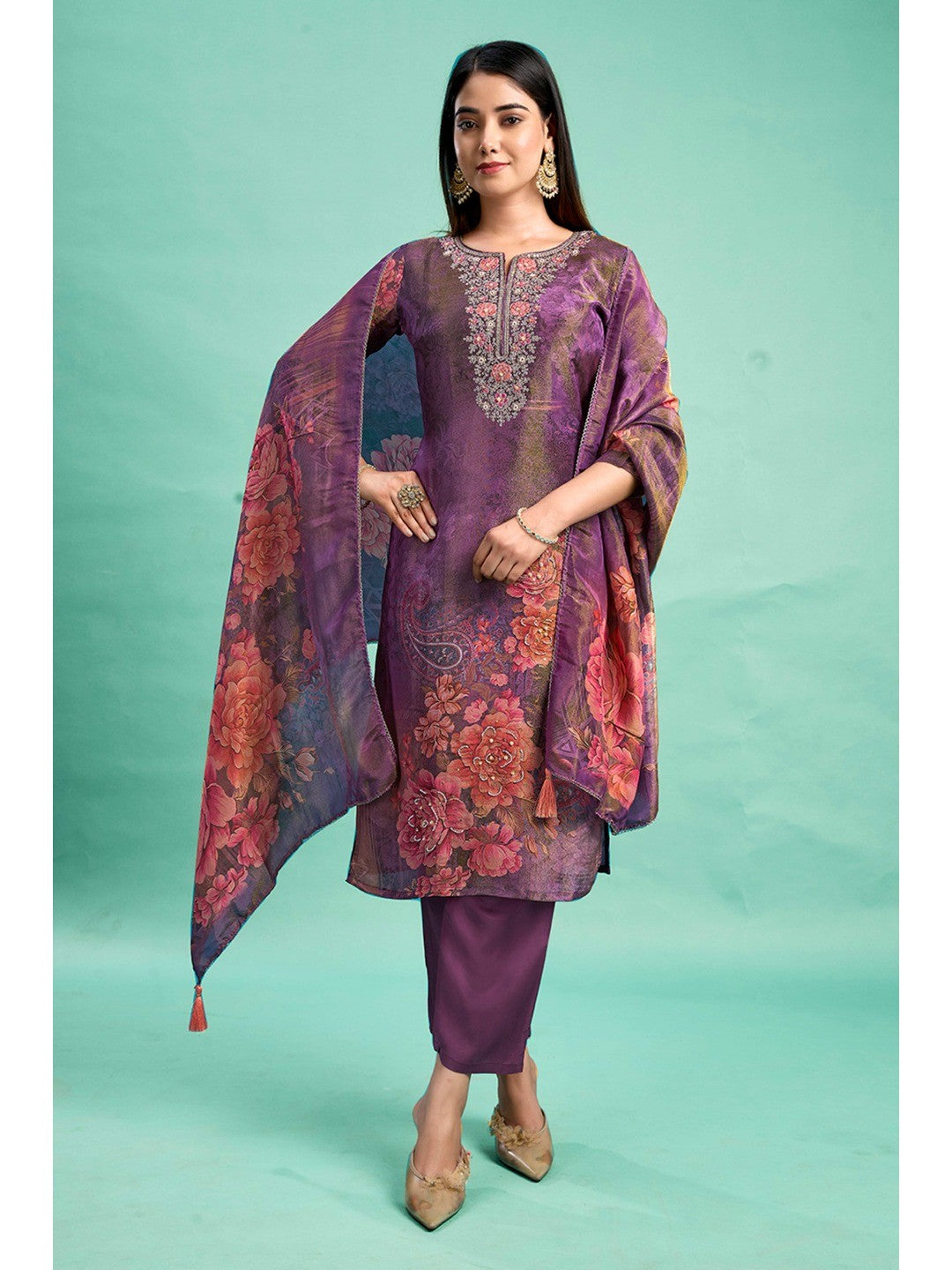 Purple Bandhani Printed With Embroidery Work Pure Viscose Salwar Suit - Image 1
