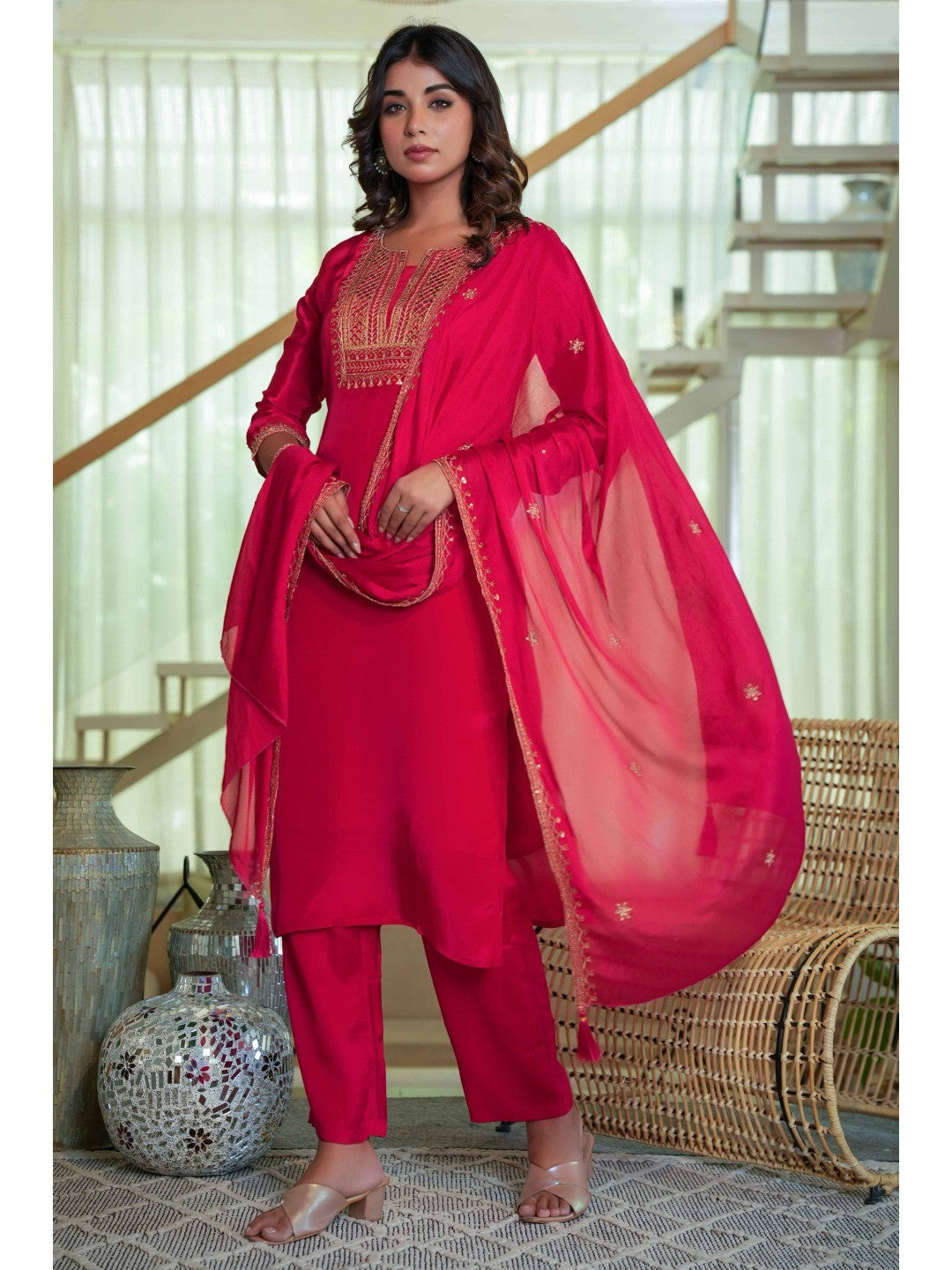 Glamorous Red Crepe Straight Suit with Intricate Sequin Embroidery - Image 1