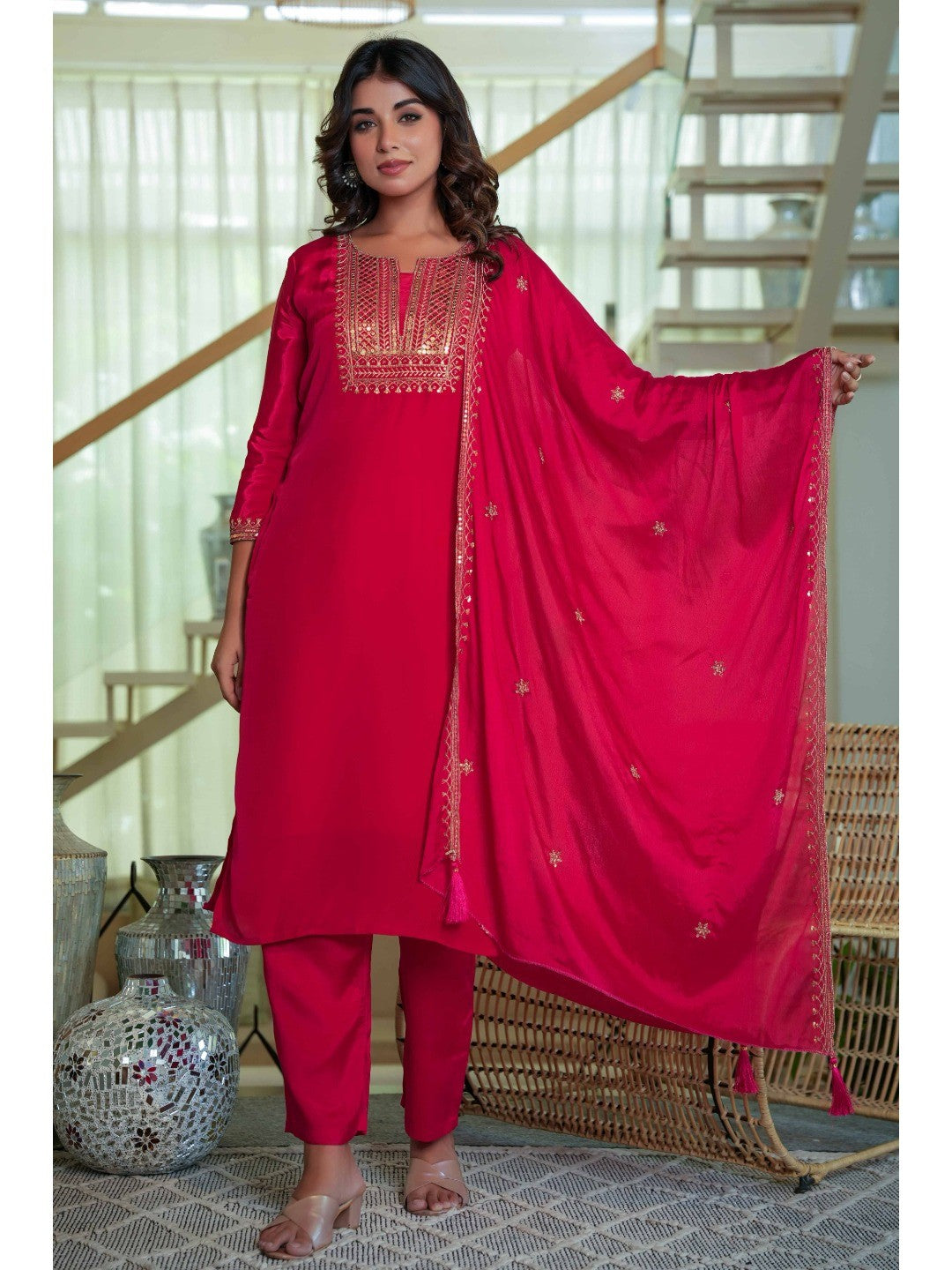 Glamorous Red Crepe Straight Suit with Intricate Sequin Embroidery - Image 4