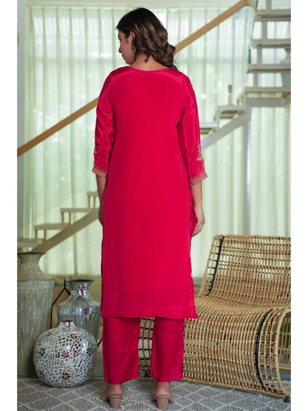 Glamorous Red Crepe Straight Suit with Intricate Sequin Embroidery - Image 3