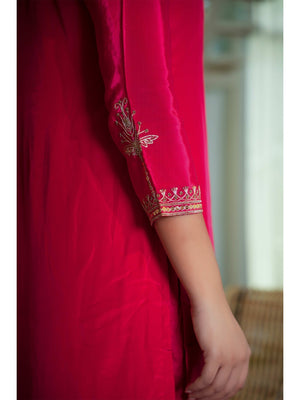 Glamorous Red Crepe Straight Suit with Intricate Sequin Embroidery - Image 2