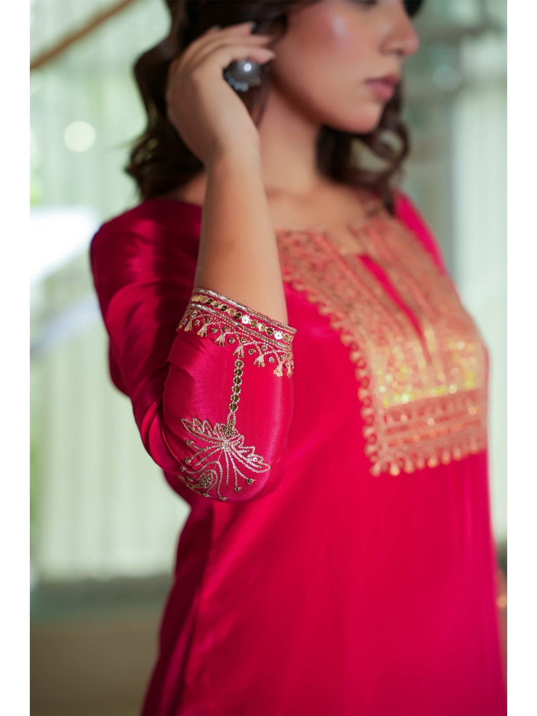 Glamorous Red Crepe Straight Suit with Intricate Sequin Embroidery - Image 9