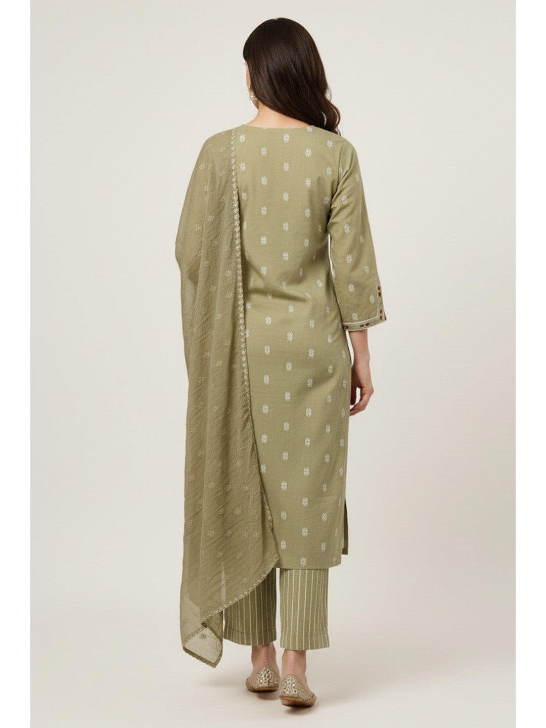 Green Pure Cotton Straight Suit with Handloom Weaving - Image 3