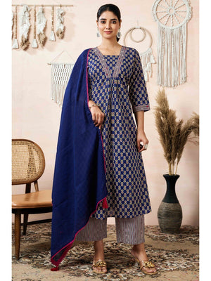 Navy Blue Floral Printed Pure Cotton A-Line Salwar Suit - Image 1