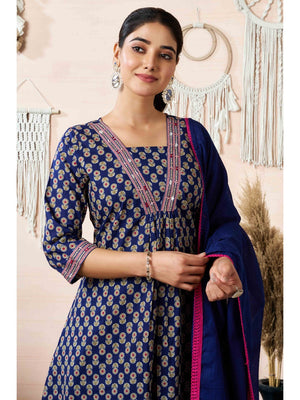 Navy Blue Floral Printed Pure Cotton A-Line Salwar Suit - Image 2